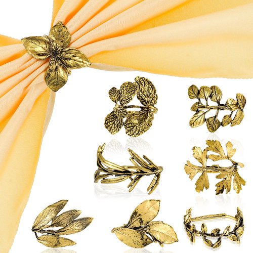 8 Pieces Herb Napkin Rings Set Vintage Leaf Napkin Holders Glossy Napkin Holder Adornment Metal Table Napkin Rings for Graduation Holidays Wedding Graduation Party Decor Everyday Use (Gold)