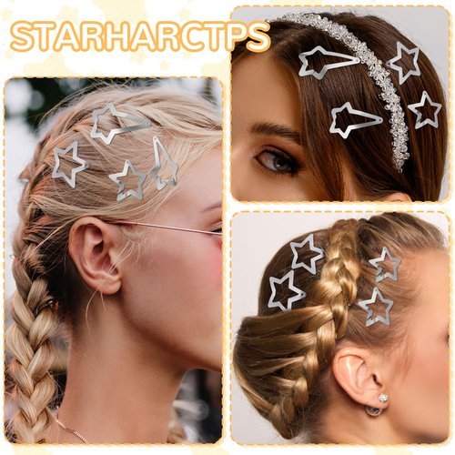 20 PCS Star Hair Clips, Mabor Silver Star Clips Hair Accessories Cute Snap Metal Barrettes Hair Clips Snap Star Hair Accessories for Women Y2K Accessories Silver Metal Hair Clips