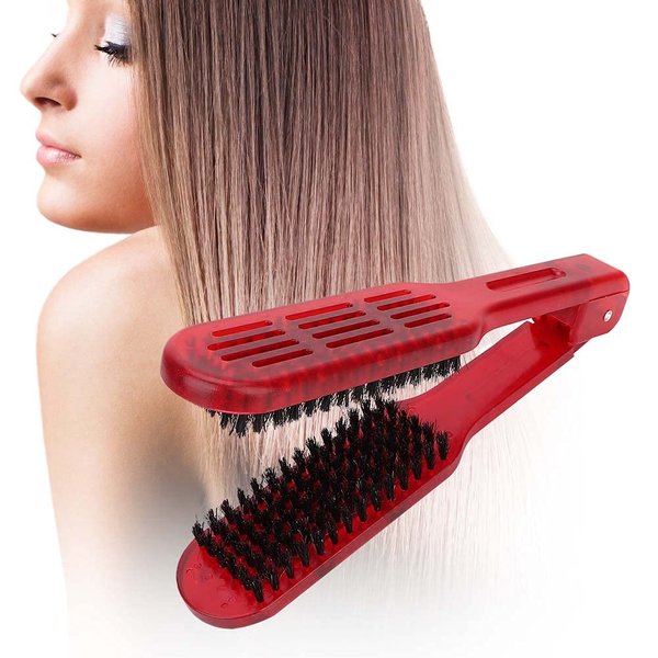 Clamp V-Shaped Hair Straightening Brush - Double-Sided Anti-Static Styling Comb for Hairstyling - Hairdressing Tool for Women, Men, Home and Barber Shop (Red)