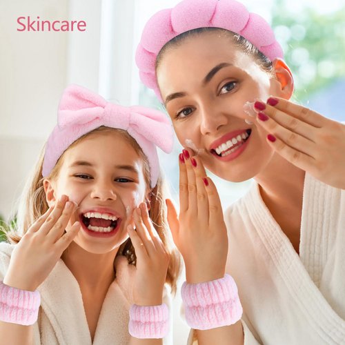 Chanaco Spa Headband and Wristband Set Skincare Headband Pink Puffy Makeup Headband Face Wash Headband Sponge Hair Band Wrist Bands for Washing Face Skin Care Teen Girl Gifts Trendy Stuff