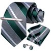 DiBanGu Men's Emerald Green Grey Striped Tie Silk Woven Necktie Pocket Square Cufflink Set Formal
