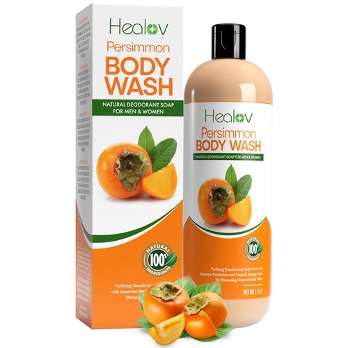 Healov Persimmon Body Wash for Body Odor Control – Purifying Deodorizing Soap for Eliminating Nonenal Body Odor – Underarms, Intimate Inner Thigh, Bikini Area, Smelly Feet – Natural Deodorant Soap