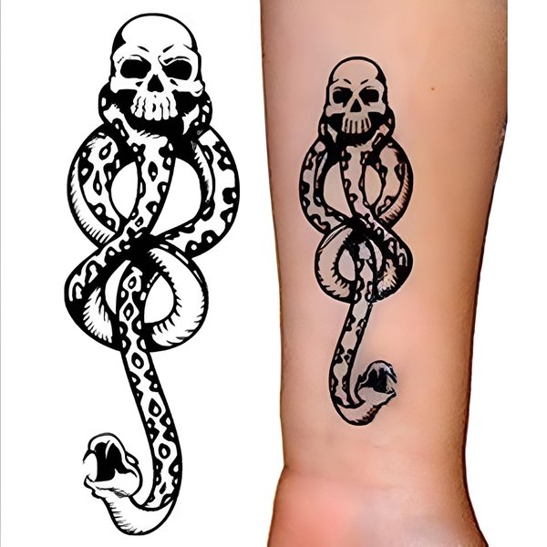 Magic Dark Mark Snake Skull Temporary Tattoos – 15 Sheets Death Eat-er Halloween Cosplay Tattoo Accessories for Costume Party