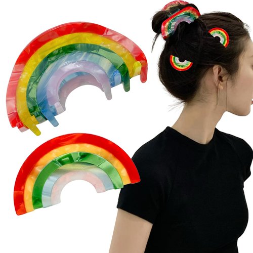 2 Pack Rainbow Hair Accessories for Girls: Colorful Hair Claws, Clamps and Barrettes for Thin and...