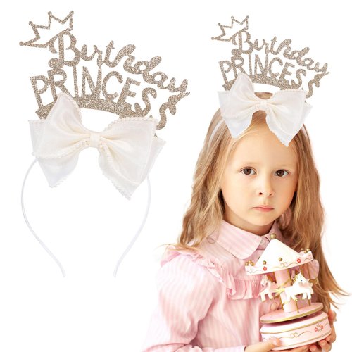 PABOBIT Birthday Headband for Girls, 1PCS Bow Headband with Gold Glitter Birthday Princess Girls Birthday Tiara Hair Accessories for Party Gift