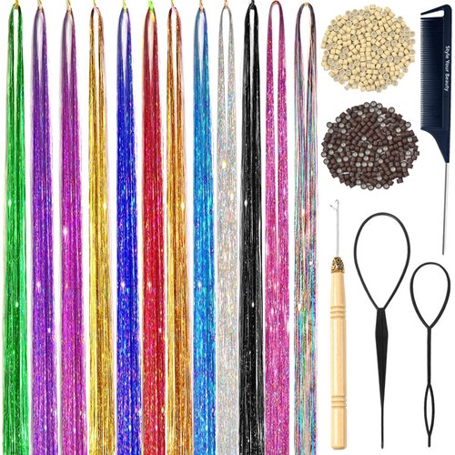 Hair Tinsel Kit 12 Colors 48 Inch 3600 Strands Hair Tinsel Strands Kit With Tools, Fairy Hair Tinsel Heat Resistant Safe Hair Glitter Tinsel Hair Extensions (12Colors, 3600 Strands)