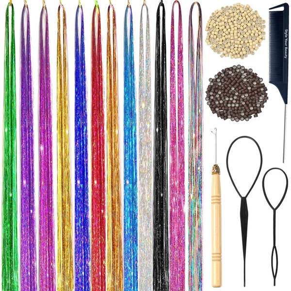 Hair Tinsel Kit 12 Colors 48 Inch 3600 Strands Hair Tinsel Strands Kit With Tools, Fairy Hair Tinsel Heat Resistant Safe Hair Glitter Tinsel Hair Extensions (12Colors, 3600 Strands)