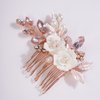 Missgrace Bridal Hair Accessories: Crystal Pearl Leaf Rhinestone Hair Comb, Gold Flower Side Clips for Brides and Women (Rose Gold Pink)