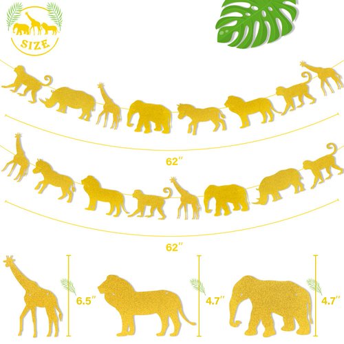 Jungle Safari Animal Banner Gold Glitter Zoo Garland Baby Shower Child Kids Boy Girl Birthday Party Supplies Decorations PRE Strung 2 PCS