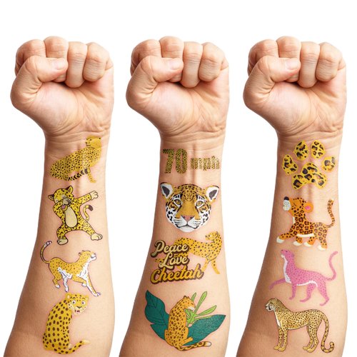 8 Sheets (96PCS) Cheetah Tattoos Temporary Jungle Theme Birthday Party Supplies Favors Decorations Tattoo Stickers for Boys Girls Gifts Classroom School Prizes Rewards