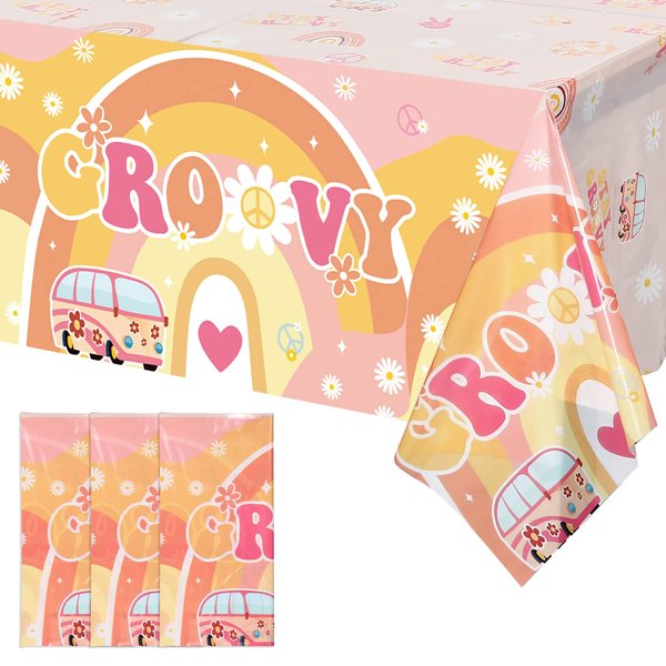 3 Pcs Two Groovy Party Plastic Tablecloths Groovy Retro Hippie Boho Party Decorations Rainbow Daisy Flower Rectangle Disposable Table Cover for Girls Star Groovy Daisy Birthday Party Supplies (3)