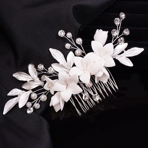Teyglen Dainty Flower Wedding Hair Comb Bridal Silver Leaf Crystal Pearl Hair Pieces Side Comb for Bride Floral Rhinestone Headpieces Hair Accessories for Women Girls