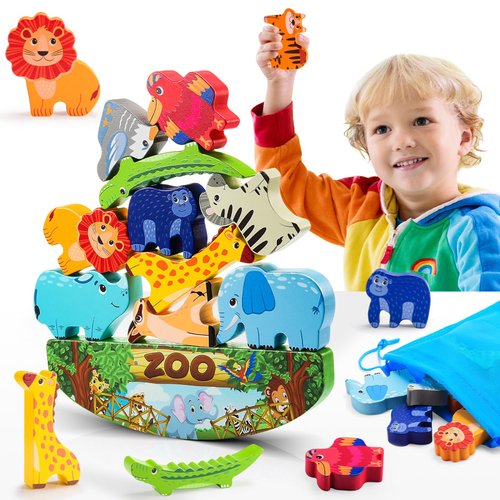 IPOURUP Animals Montessori Toddler Toys 2 3 4 5 6 7 Year Old Boys Girls Wooden Animal Blocks Stacking Toy Kids Easter Birthday Gifts for Boy Girl Age 3-7 Educational Toys Fine Motor Balance Game