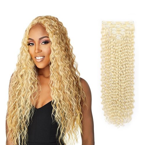 26 Inches Deep Wave Clip In Hair Extensions Full Head 6 Separate Pieces Heat Resistance Black Synthetic Deep Curly Clip in Hair Pieces 174g (613#, DEEP 26 inch)