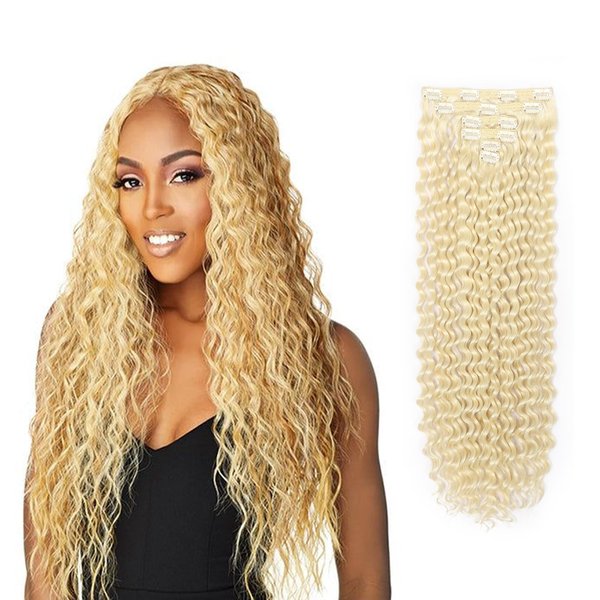 26 Inches Deep Wave Clip In Hair Extensions Full Head 6 Separate Pieces Heat Resistance Black Synthetic Deep Curly Clip in Hair Pieces 174g (613#, DEEP 26 inch)