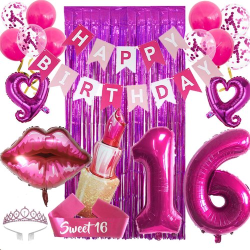 16th Birthday Party Decorations Girls Hot Pink Sweet 16 Party Banner Balloons Crown Sash for Wome...