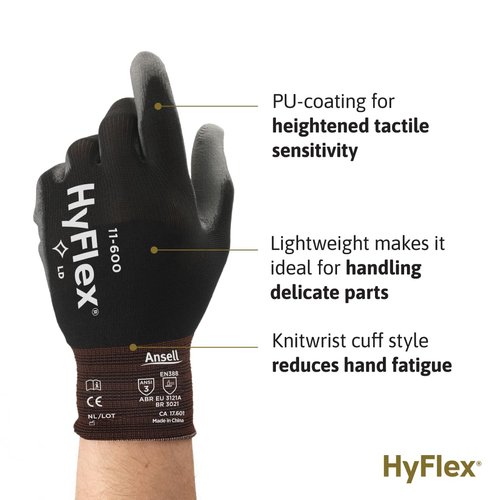 Ansell HYFLEX 11-600 Light Duty Nylon Industrial Gloves w/Palm Coating for Metal Fabrication, Automotive - XXL (11), Black (1 Pair)