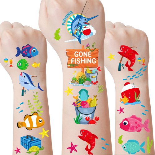 Gone Fishing Temporary Tattoos for Kids - 8 Sheets 320 Pcs Funny Fish Themed Tattoo Stickers Ofishally Birthday Party Decorations for Boy Ocean Sea Fisherman Nautical Supplies School Prizes Rewards