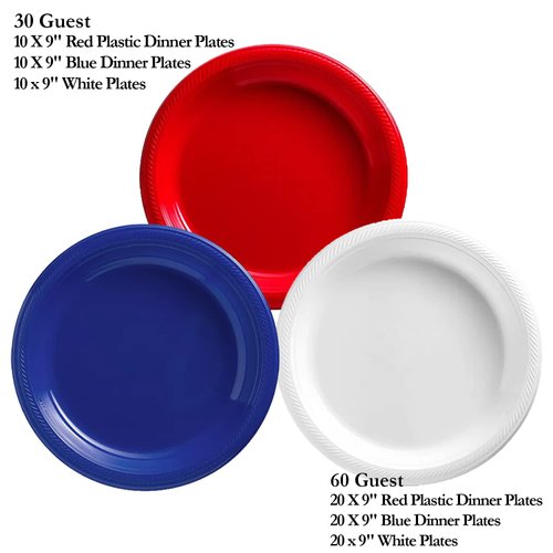 Nicole Fantini 411 PCS Combo American Flag Themed Red White and Blue Disposable Party Set 60 9'' Plastic Dinner Plates | Cups Paper Napkins 96 cutlery Spoons Forks & Knives 3 Rectangle Tablecloths