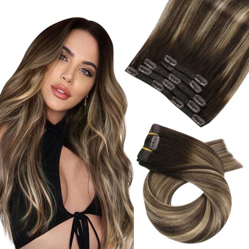 Moresoo Clip in Hair Extensions Real Human Hair Balayage Real Hair Extensions Clip ins Human Hair Dark Brown Mix Caramel Blonde Ombre Clip in Human Hair Extensions Double Weft 5Pieces 70Grams 10inch