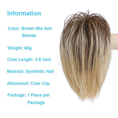 YOLANFAIRY Messy Bun Hair Piece Claw Clip in Hair Buns Hair Piece for Women Straight Short High Ponytail Extension Tousled Updo Faux Hair Bun Scrunchies for Girls (Brown Mix Ash Blonde)