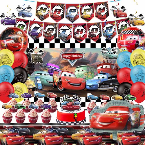 Cars Birthday Party Supplies, Cars Birthday Party Decorations Include Birthday Banner, Foil Balloons, Backdrop, Tablecloth, Cupcake Toppers for Boys Girls