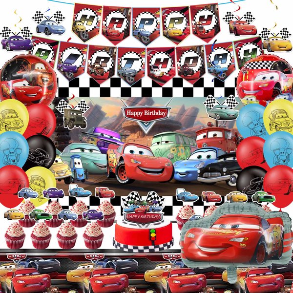 Cars Birthday Party Supplies, Cars Birthday Party Decorations Include Birthday Banner, Foil Balloons, Backdrop, Tablecloth, Cupcake Toppers for Boys Girls