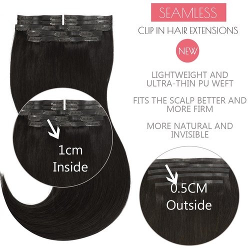 Loxxy Human Hair Clip in Extensions Thin PU Weft Natural Black Invisible Seamless Clip in Hair Extensions Real Human Hair Natural Straight Thick Remy Invisi Edge 130g 7Pcs 18Inch