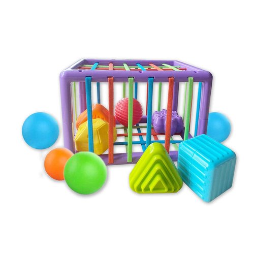 SwietFam Baby Shape Montessori Sorting Toy with Elastic Bands, Sensory Bin with Colorful Balls & Blocks, Early Development Activity Toy