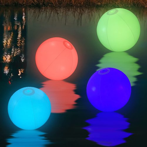AUSTUFF 4 PCs LED Beach Ball Light Up Beach Balls Pool Balls Floating Inflatable LED Glow in The Dark Beach Ball with 7 Colors Changing Lights for Adults Pool Beach Party and Patio Garden Decorations