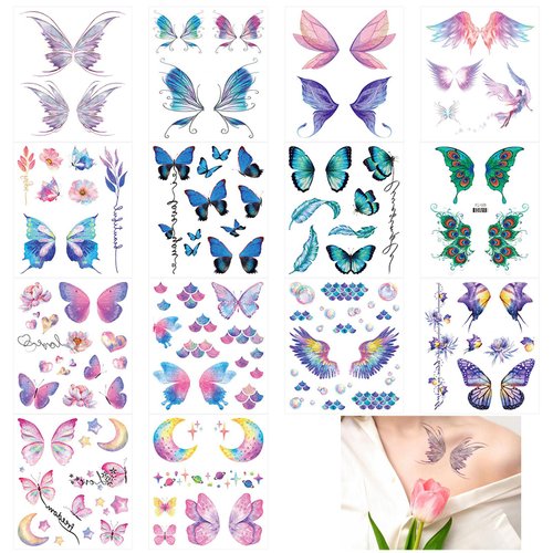 WANDIC Glitter Style Butterflies Temporary Stickers Tattoo, 14 Sheets Colorful Flower Art Tattoo ...