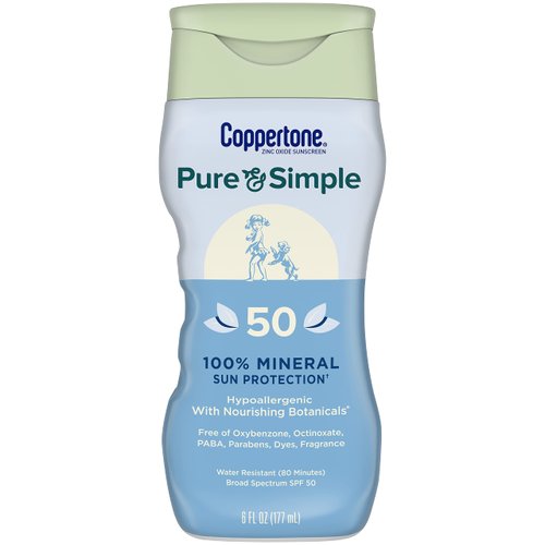 Coppertone Pure and Simple Zinc Oxide Mineral Sunscreen Lotion SPF 50, Body Sunscreen, Water Resistant, Broad Spectrum SPF 50 Sunscreen for Sensitive Skin, 6 Fl Oz Bottle