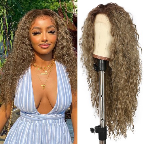 LLEI'Z Light Brown with Blonde Lace Front Wigs, 13x3 Synthetic Loose Curly Lace Front Wig Pre plucked with Single Bleached Knots Natural Looking Heat Resistant Fiber Wig XF-5-8 26 Inch
