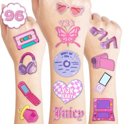 100PCS 2000s Y2K Temporary Tattoos Stickers Themed Pink Birthday Party Supplies Favors Decorations Throwback Early 00’s Tattoo Sticker Gifts For Teen Girls School Prizes Carnival