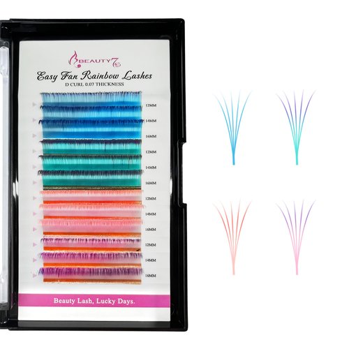 Beauty7 Colored Lash Ombre Lash Extensions Rainbow Lashes Easy Fan Lashes Self Fanning D Curl 0.07mm Thickness 12mm 14mm 16mm Mixed Length Dramatic Eyelashes