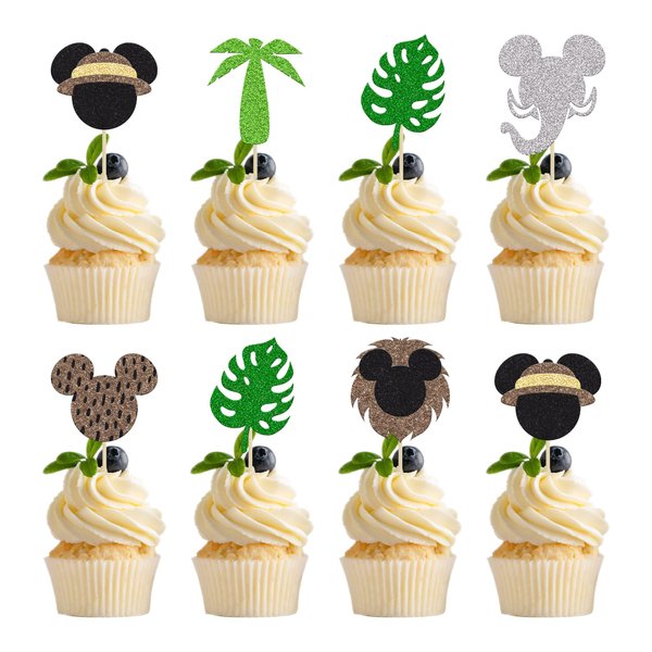 Gyufise 24Pcs Mouse Safari Cupcake Toppers Glitter Jungle Leaves Cupcake Picks Cute Animal Safari Cake Decorations Baby Shower Kids Birthday Micky Theme Party Supplies