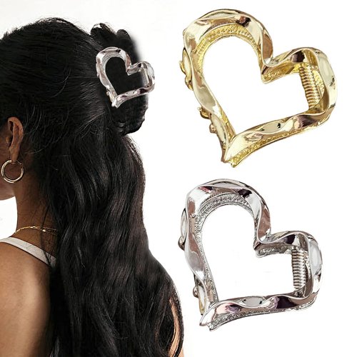 2 Pcs Heart-Shaped Hair Clip Metal Heart Grab Clip Alloy Ruffles Nonslip Hair Jaw Clips Simple and Fashionable Hair Accessory for Valentine's Day (Gold, Silver)