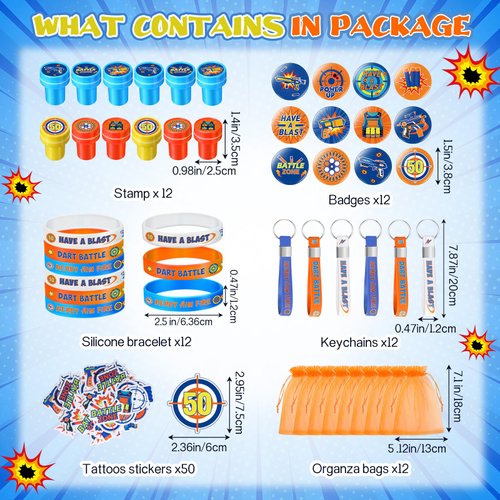 Honoson 110 Pcs Dart Battle Party Favors Supplies Battle Theme Stickers Temporary Tattoos Silicone Bracelets Keychains Badge Stamps with Organza Bags for Birthday Gifts Baby Shower Goodie Bag Fillers