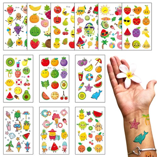 12 Sheets Summer Fruit Temporary Tattoos Fruits Topic Glitter Temporary Tattoo Sticker Hawaiian Fake Tattoo for Men Women Summer Holiday Sea Beach Party Favor Makeup Costume Supplies