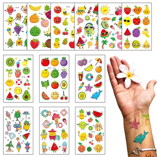 12 Sheets Summer Fruit Temporary Tattoos Fruits Topic Glitter Temporary Tattoo Sticker Hawaiian Fake Tattoo for Men Women Summer Holiday Sea Beach Party Favor Makeup Costume Supplies