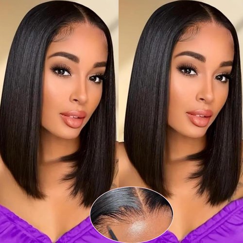 LRSICAL Wear and Go Glueless Bob Wig Human Hair Pre Plucked Pre Cut Short Straight Bob Wigs 5x5 Hd Lace Closure Wigs Glueless Lace Front Wigs Human Hair 180% Density 12 Inch