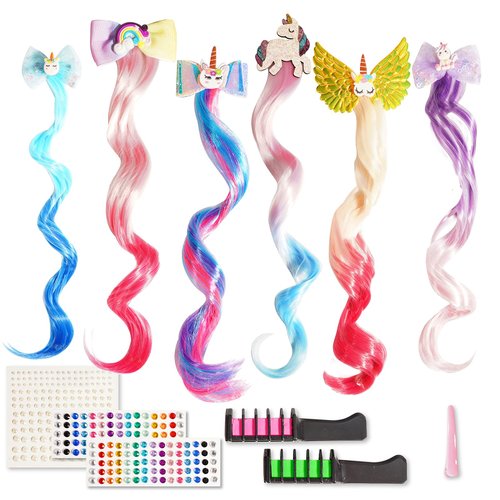 iBi Makeup 6 Colors Unicorn Hair Bow Clips Set for Girls, Kids Braided Curly Wig Hair Extensions 13.5inch Clip in Colored Hair Bows Princess Dress Up with Rhinestone Stickers and Hair Chalk Paints