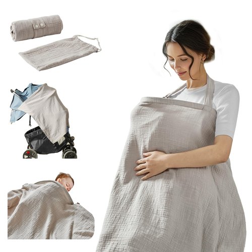 Tina's Home Nursing Cover for Baby Breastfeeding with Storage Bag, 100% Cotton Feeding Cover with Arch Shape Neckline for Mother Nursing Apron, Multi-use Machine Washable (Beige)