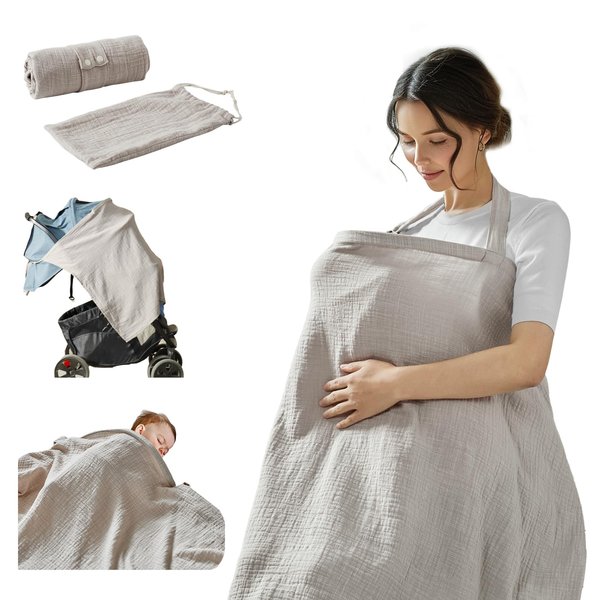 Tina's Home Nursing Cover for Baby Breastfeeding with Storage Bag, 100% Cotton Feeding Cover with Arch Shape Neckline for Mother Nursing Apron, Multi-use Machine Washable (Beige)