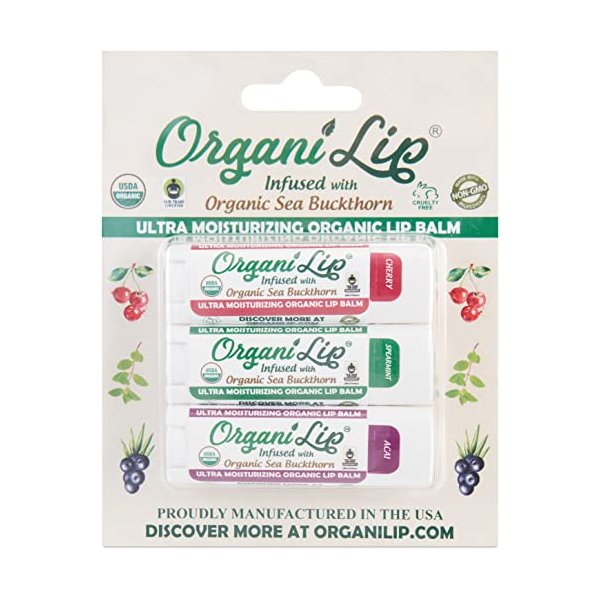 OrganiLip Cherry, Spearmint, Acai Flavored Organic Lip Balm (3 Pack) USDA Certified Organic to Moisturize, Soothe, Soften, Hydrate, and Nourish Cracked & Chapped Lips 100% cruelty free