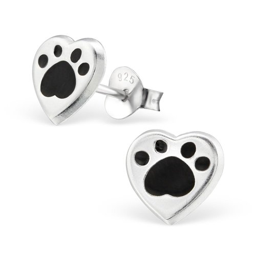 925 Sterling Silver Black Paw Print Heart Stud Earrings 26293