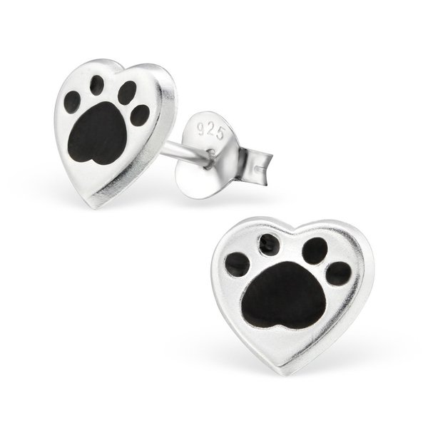 925 Sterling Silver Black Paw Print Heart Stud Earrings 26293