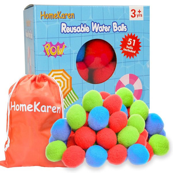 HomeKaren 51 Water Balls Reusable, Cotton Balls for Water Fight Outdoor, Splash Summer Fun Toys for Kids Outside, Water Balloons Fight Accessories for Pool Trampoline and Beach (RBG)