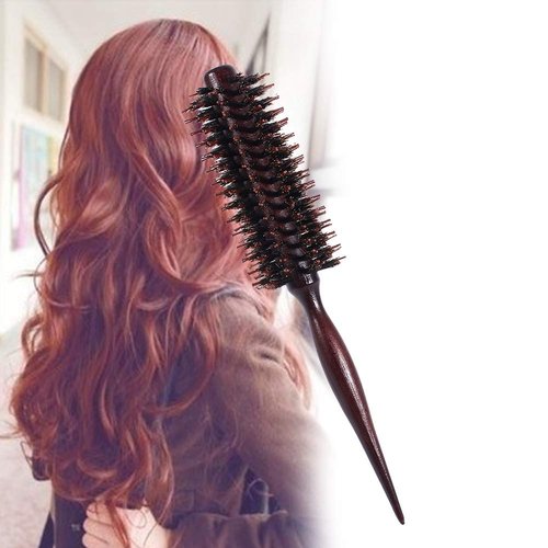 Round Hair Brush, Boar Bristles Brush Salon Blowout Styling Hairbrush Portable Travel Comb with Natural Wooden Handle Anti Static for Women Men Blow Drying Style Curling Hairdressing Add Volume Shine