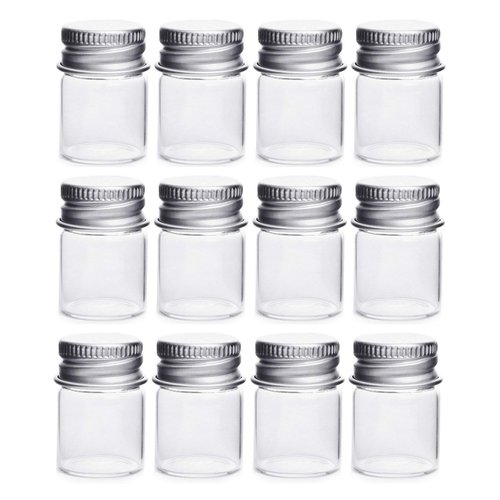 12PCS Empty Clear Travel Portable Glass Wish Bottles with Silver Aluminum Cap Essential Oil Powders Cream Ointments Grease Storage Container Jars Cosmetic Makeup Sample Packing Holder(5ml/0.17oz)